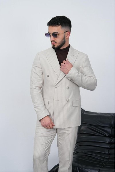 Dupont Slim Fit Men's Pointed Collar Striped Double Breasted Suit