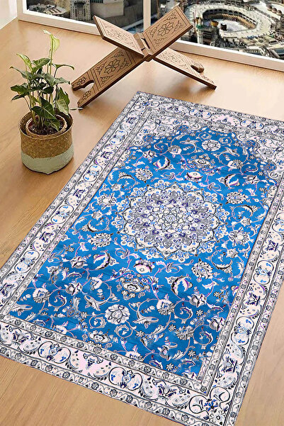 Carmine Carpet Blue Ravza Flower Motif Mosque Nebevi Mihrap Sponge Digital Pr...