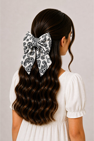 MakeWell Women's Black and White Shawl Patterned Bow Clip Hair Clip Fabric Bo...