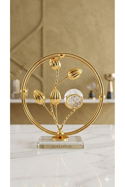 ALRASHED Kristal Küre ve Kristal Tabanlı Lüks Metal Çiçek Dekoru – Gold Moder...