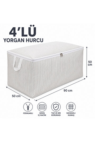 ÖZPOLATLAR Gümüş Hurç 4’lü Fermuarlı Yorgan Hurcu 90x50x50 cm Sandık Tipi Sak...