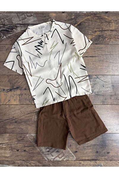 SÜSLÜ KİDS Boy's Printed Linen/Muslin Fabric Shorts Set