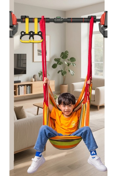 Generic Exercise Pole with Sports Rings and Fabric Baby Swing - Adjustable Length between (70cm to 100cm) - Suitable for Secure Attachment to Doors, Entrances, and Hallways - Suitable for Daily Sports Activities.