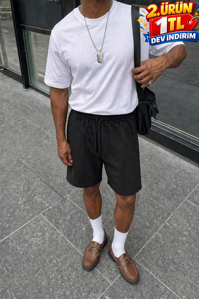 DAMGA JEANS Erkek Premium Jogger Relax Fit Siyah Kısa Penye Şort