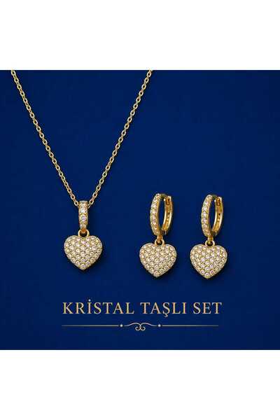 beyna aksesuar Kalp Gold Kaplama Kristal Taşlı Kolye Küpe Seti Hediye Set Sevgiliye Hediye Anneye Hediye