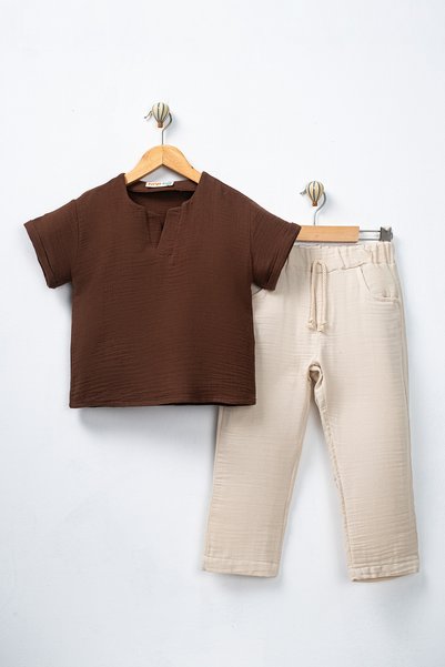 FURYATEX Boy's 100% Cotton Muslin 2-Piece Set Oversize Summer Top and Bottom Set