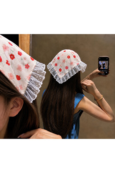 synshop Red Strawberry Flower Ruffle Tulle Polka Dot Triangle Crown Bandana H...