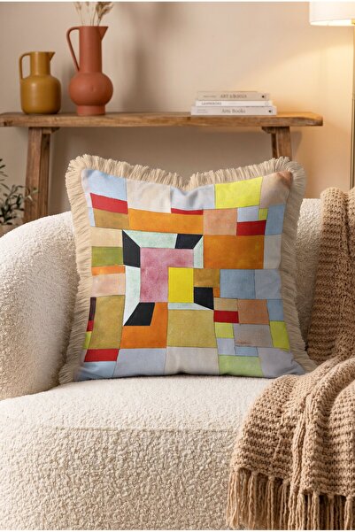 IdeCraft Colorful Geometric Patchwork Block Pattern Fringed Throw Pillow Cove...