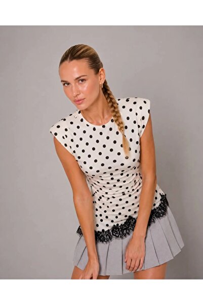 Park Karon Women's Crew Neck Shoulder Padded Polka Dot Lace Detail Combed Cot...
