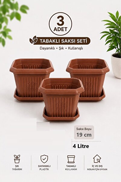 GÜZELYÜZ AVM 3 Adet Kare Saksı | Tabaklı Saksı Seti 4 Litre Kahverengi 200x20...