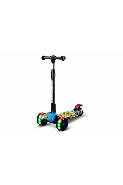 PinkBlue Foldable scooter with 3 LED wheels, Graffiti design, adjustable hand...