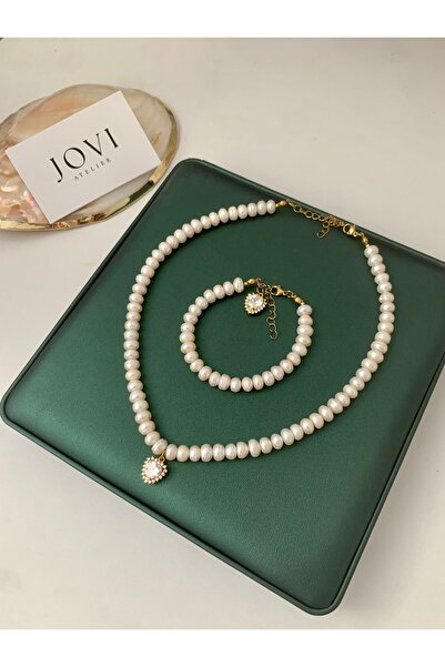 JOVİ ATELİER Doğal Rondela Kadın İnci Kolye Bileklik Seti | Beyaz Kalp Charm