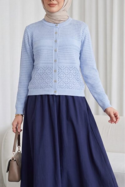 Modamorfo Round Neck Openwork Buttoned Knitwear Cardigan - Baby Blue