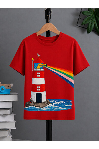 VODEXA Tricou oversize unisex cu imprimeu Lighthouse, 100% bumbac, croială co...