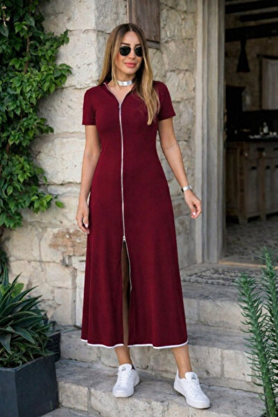 Efnaz style Women's Short Sleeve Open Front Zipper Kiloş Midi Viscose Dress