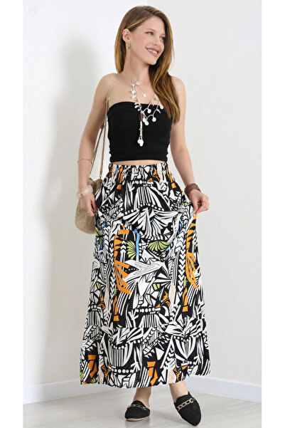 Aslında Look Patterned Viscose Women's Skirt with Elastic Waist, Summer Flowy...