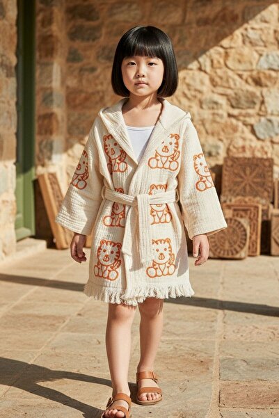 Layan Home 100% Organic Cotton Handcrafted Stone Print Children's Bathrobe - ...