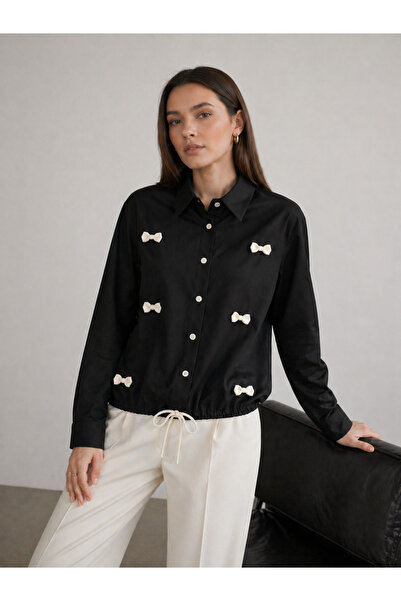 PENGORA Bow Detailed Comfortable Fit Long Sleeve Lace-Up Black Women's Shirt