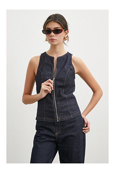LC Waikiki Nevavm Zippered Jean Vest Navy Blue