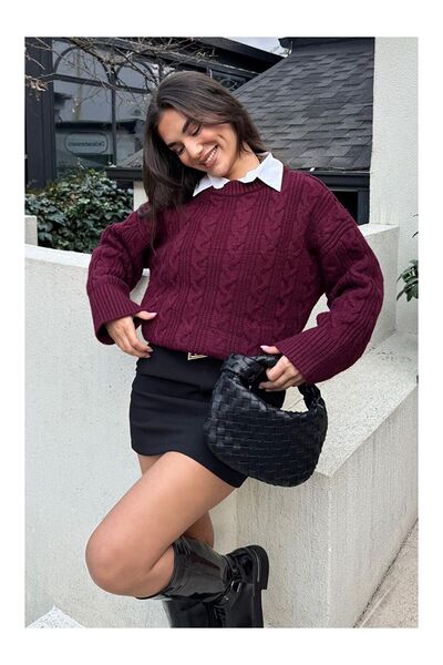 LC Waikiki Nevavm Burgundy Oval Collar Oversize Knitwear Sweater Mg2009