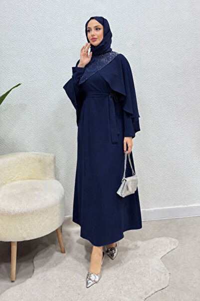 Tesettür Diyarı Velisa Stone Detailed Crepe Fabric Hijab Evening Dress - Navy...