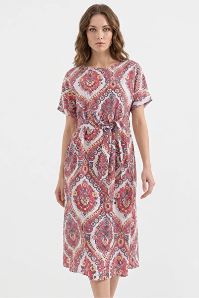 buğrahayalin Women's V-Neck Belted Patterned Viscose Pomegranate Dress