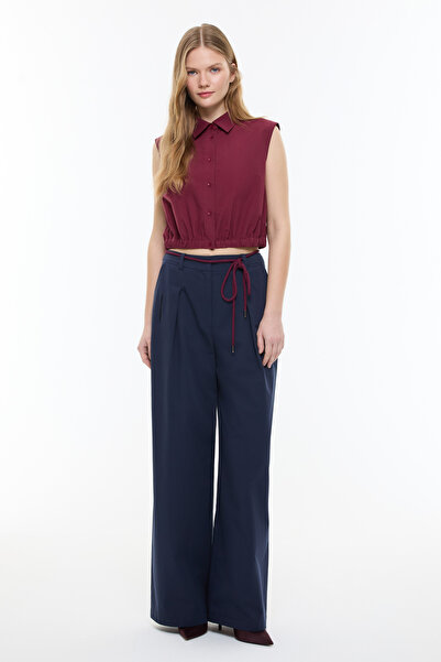 Roman Bağcık Detaylı Pileli Geniş Paça Pantolon Lacivert YY012050_015