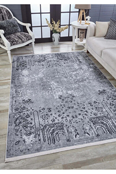halinet سجادة غرفة المعيشة Halı.Net Anthracite Vintage قابلة للغسل ومضادة للا...