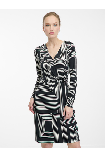 ORSAY Rochie neagră de damă, cu model, până la genunchi.