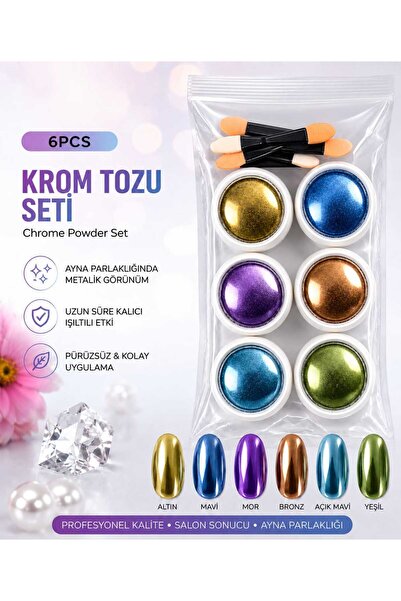 QNAİL PROFESSİONAL Krom Tozu Seti 6’lı - Ayna Efektli Nail Art Tasarım Seti