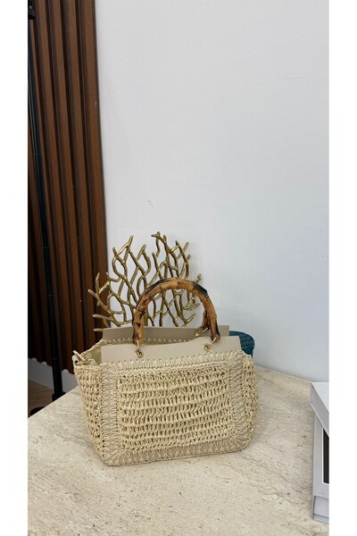 MEYSADESİGN Bambu Saplı Hasır Çanta Bej - CNT1115