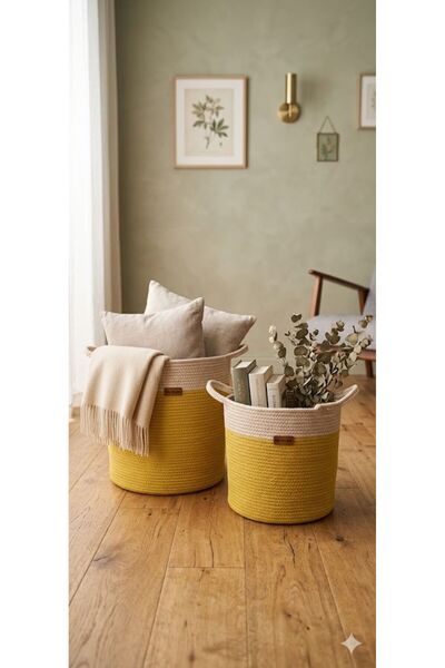 Life For You 2 Pieces Large Round Basket 25cm Gold Multipurpose Organizer