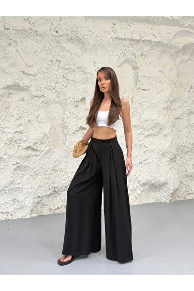 MODAMERSİ Women's Black High Waist Velcro Detailed Wide Leg Palazzo Trousers