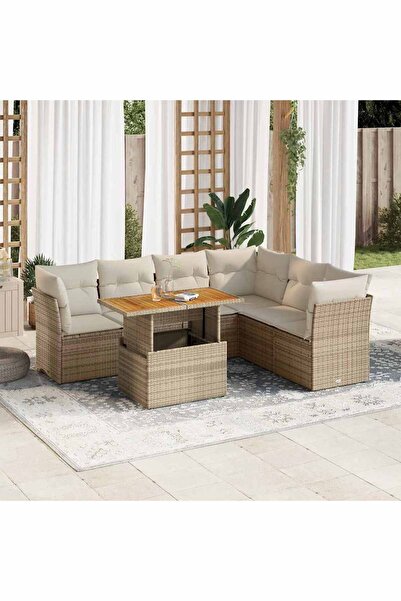 vidaxl Set canapele de gradina, 7 piese, cu perne, bej, poliratan