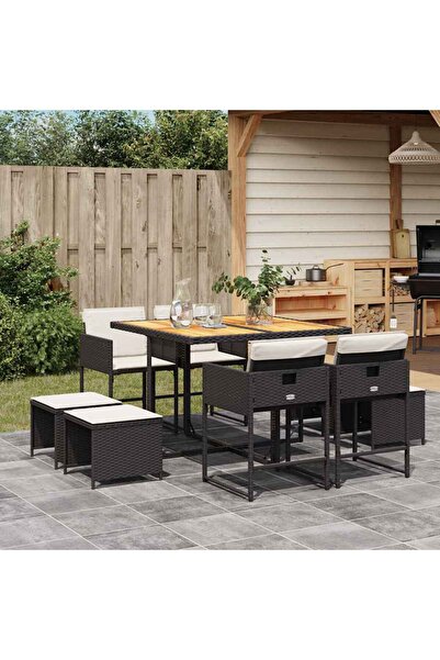 vidaxl Set mobilier de gradina cu perne, 9 piese, negru, poliratan