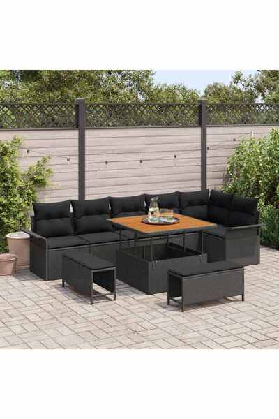 vidaxl Set de canapele pentru gradina cu perna 9 pcs Negru poliratan