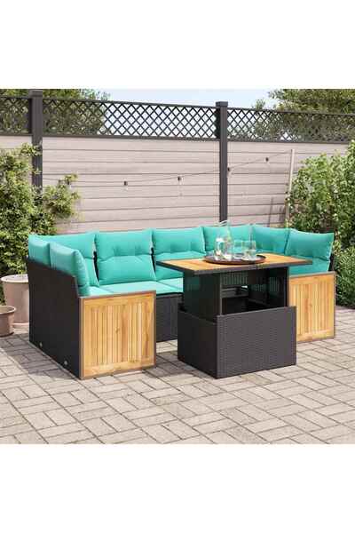vidaxl Set canapele gradina perne 7 piese negru, poliratan/lemn acacia