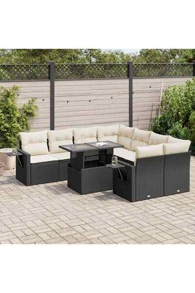 vidaxl Set mobilier de gradina cu perne, 9 piese, negru, poliratan