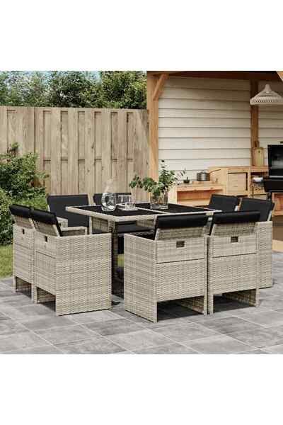 vidaxl Set mobilier gradina cu perne, 9 piese, gri deschis, poliratan