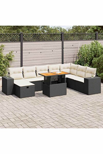 vidaxl Set mobilier gradina perne 9 piese negru poliratan/lemn acacia