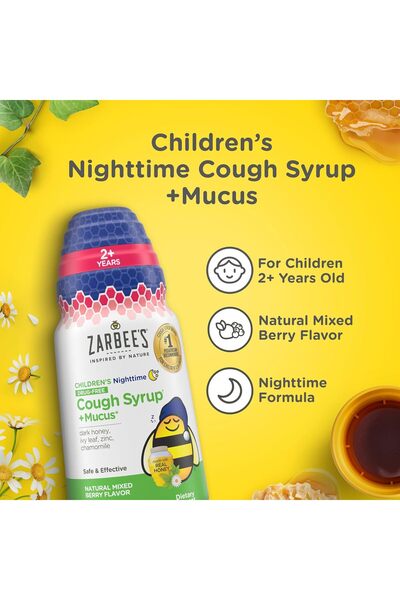 Zarbees شراب زاربي الليلي للأطفال بالعسل + المخاط للأطفال فوق 2 سنوات + عسل داكن، وعشبة اللبلاب، والبابونج المهدئ # 1 مكمل غذائي للأطفال موصى به من قبل أطباء الأطفال، خالٍ من الأدوية والكحول، بنكهة التوت المختلط، 4 أونصة سائلة. أونصة