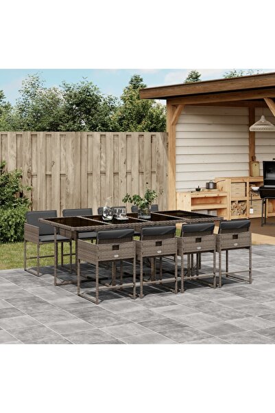 vidaxl Set mobilier gradina cu perne, 9 piese, gri, poliratan