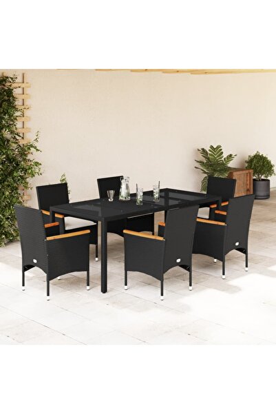 vidaxl Set mobilier de gradina cu perne 7 piese negru poliratan&sticla