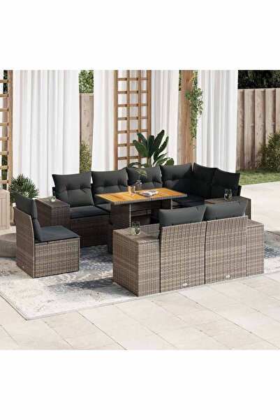 vidaxl Set canapele de gradina, 9 piese, cu perne, gri, poliratan