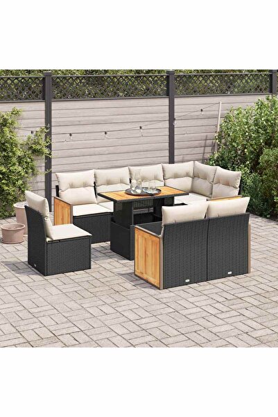 vidaxl Set mobilier gradina perne 9 piese negru poliratan/lemn acacia