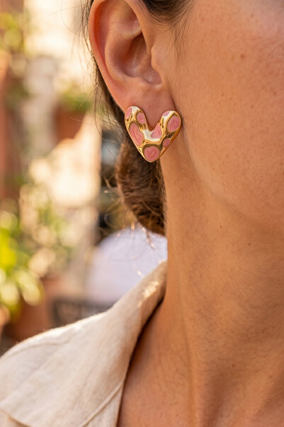AURRARİ Gold Pink Speckled Enamel Heart Premium Steel Earrings