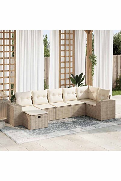 vidaxl Set canapele de gradina, 7 piese, cu perne, bej, poliratan