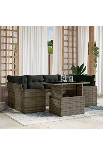 vidaxl Set canapele de gradina, 7 piese, cu perne, gri, poliratan