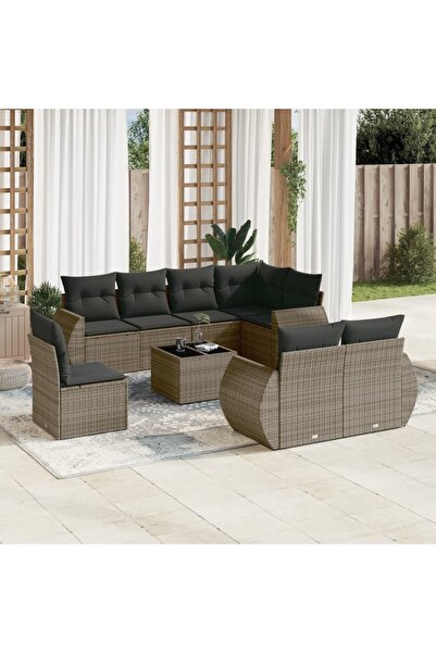 vidaxl Set canapele de gradina, 9 piese, cu perne, gri, poliratan