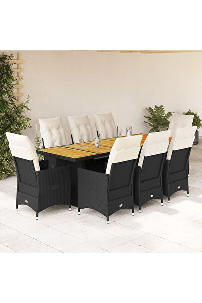 vidaxl Set bistro de gradina, 9 piese, cu perne, negru, poliratan